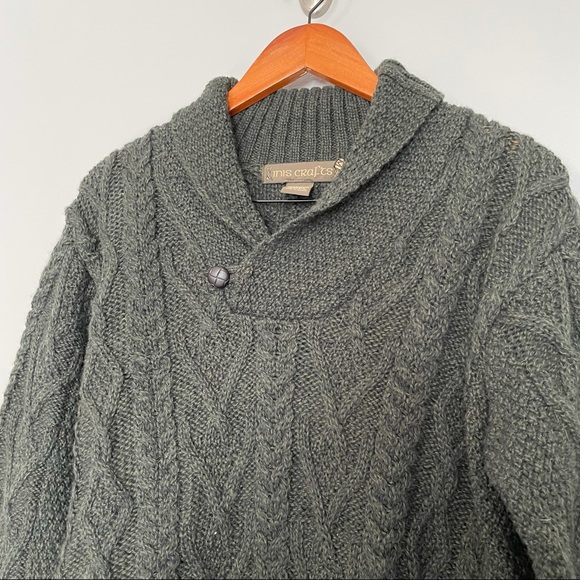 Inis Crafts Merino Wool Green Cable Knit Shawl Collar Pullover Sweater Men’s M - Picture 2 of 8